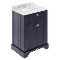 Old London 600mm 2 Door Vanity Unit with White Marble Top and Basin with 3 Tap Holes - Twilight Blue