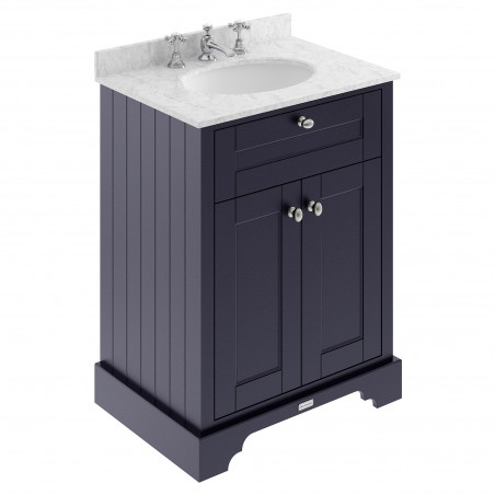 Old London 600mm 2 Door Vanity Unit with Grey Marble Top and Basin with 3 Tap Holes - Twilight Blue