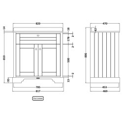 Old London 800mm 2 Door Vanity Unit with Grey Marble Top and Basin with 1 Tap Hole - Twilight Blue - Technical Drawing