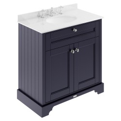 Old London 800mm 2 Door Vanity Unit with White Marble Top and Basin with 3 Tap Holes - Twilight Blue