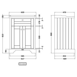 Old London 600mm 2 Door Vanity Unit and Basin with 3 Tap Holes - Twilight Blue - Technical Drawing