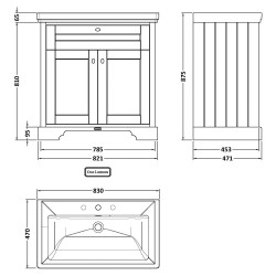 Old London 800mm Freestanding 2-Door Vanity Unit with 3-Tap Hole Fireclay Basin - Twilight Blue - Technical Drawing