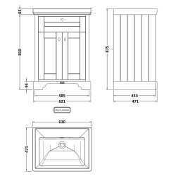 Old London 600mm Freestanding 2-Door Vanity Unit with 0-Tap Hole Fireclay Basin - Twilight Blue - Technical Drawing