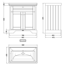 Old London 800mm Freestanding 2-Door Vanity Unit with 0-Tap Hole Fireclay Basin - Twilight Blue - Technical Drawing