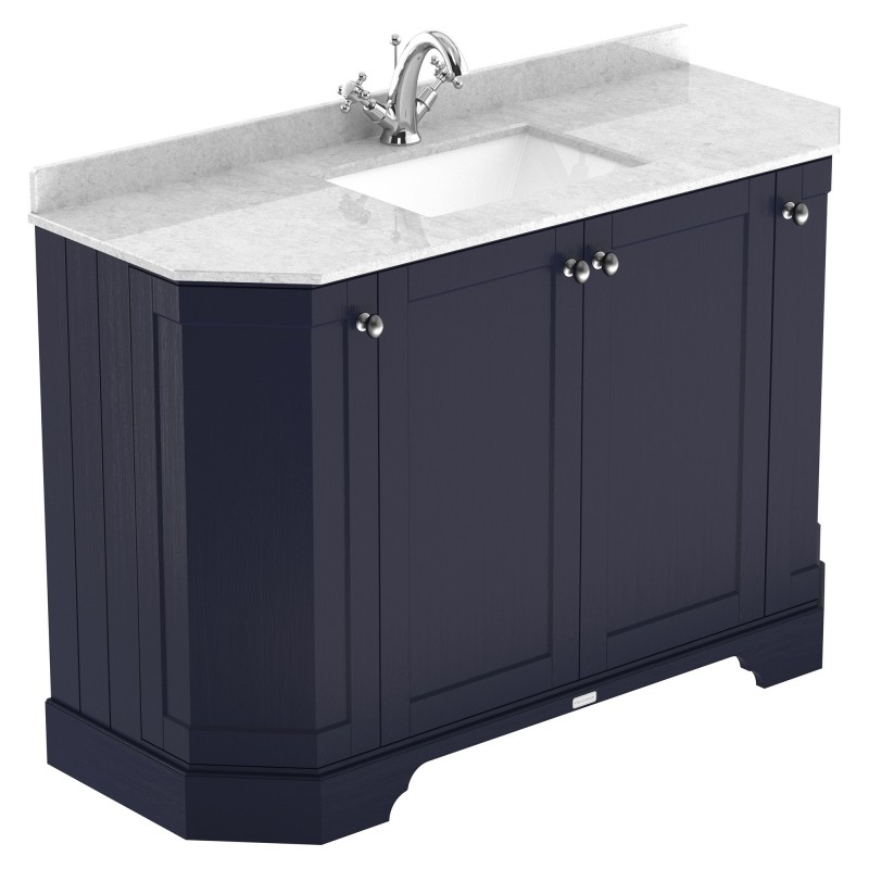 Old London 1200mm 4 Door Angled Unit & White Marble Top 1 Tap Hole - Twilight Blue Old London 1200mm 4 Door Angled Unit & White Marble Top 1 Tap Hole - Twilight Blue