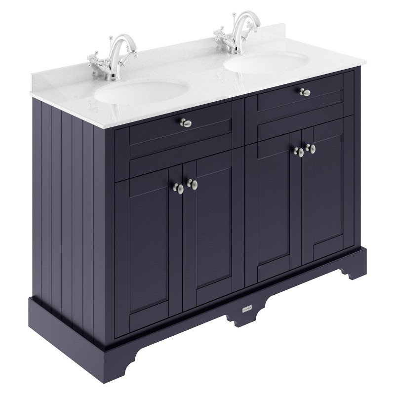 Old London 1200mm 4 Door Vanity Unit with White Marble Top and Double 1 Tap Hole Basins - Twilight Blue Old London 1200mm 4 Door Vanity Unit with White Marble Top and Double 1 Tap Hole Basins - Twilight Blue