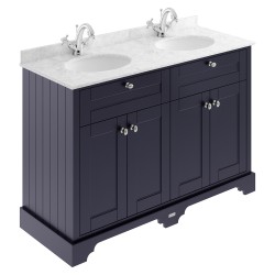 Old London 1200mm 4 Door Vanity Unit with Grey Marble Top and Double 1 Tap Hole Basins - Twilight Blue