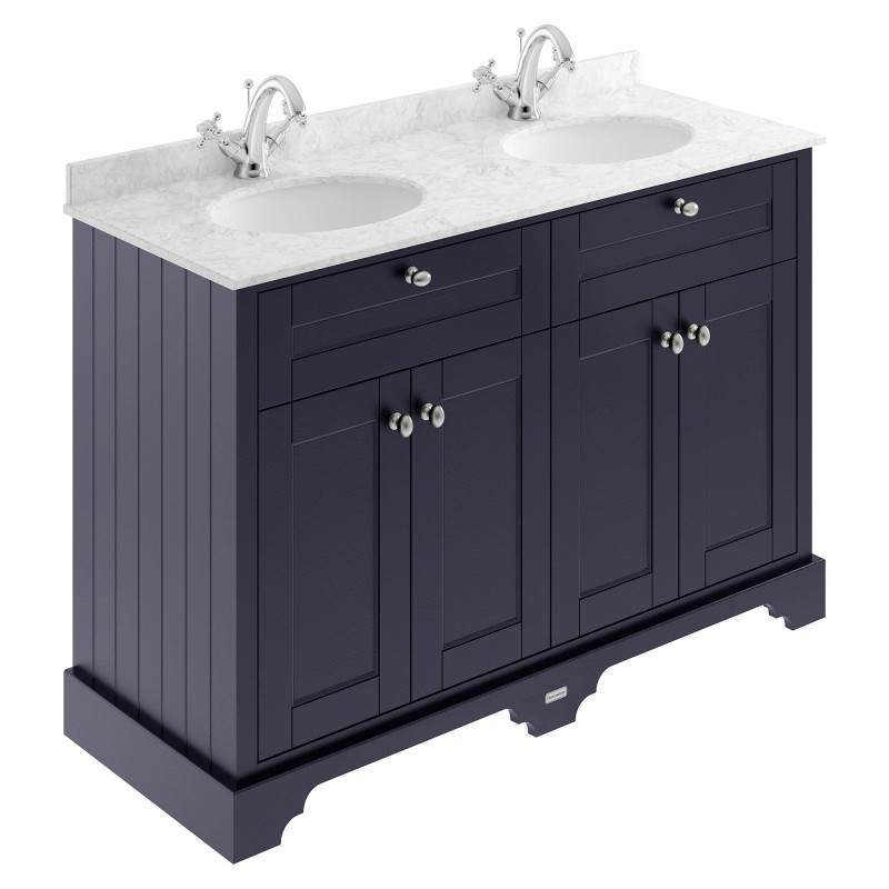Old London 1200mm 4 Door Vanity Unit with Grey Marble Top and Double 1 Tap Hole Basins - Twilight Blue Old London 1200mm 4 Door Vanity Unit with Grey Marble Top and Double 1 Tap Hole Basins - Twilight Blue