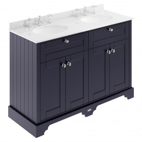 Old London 1200mm 4 Door Vanity Unit with White Marble Top and Double 3 Tap Hole Basins - Twilight Blue