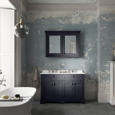 Old London 1200mm 4 Door Vanity Unit with White Marble Top and Double 3 Tap Hole Basins - Twilight Blue