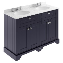 Old London 1200mm 4 Door Vanity Unit with Grey Marble Top and Double 3 Tap Hole Basins - Twilight Blue