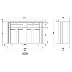 Old London 1200mm 4 Door Vanity Unit with Grey Marble Top and Double 3 Tap Hole Basins - Twilight Blue - Technical Drawing