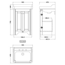 Old London 595mm 2 Door Vanity Unit and Basin with 2 Tap Holes - Twilight Blue - Technical Drawing