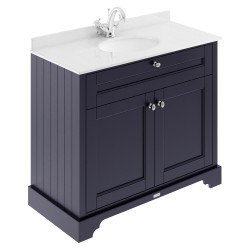 Old London 1000mm 2 Door Vanity Unit with White Marble Top and Basin with 1 Tap Hole - Twilight Blue