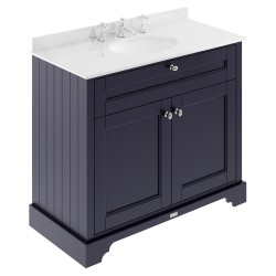 Old London 1000mm 2 Door Vanity Unit with White Marble Top and Basin with 3 Tap Holes - Twilight Blue