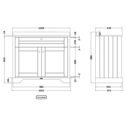 Old London 1000mm 2 Door Vanity Unit with White Marble Top and Basin with 3 Tap Holes - Twilight Blue - Technical Drawing