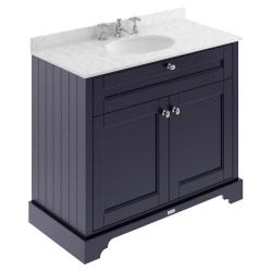Old London 1000mm 2 Door Vanity Unit with Grey Marble Top and Basin with 3 Tap Holes - Twilight Blue
