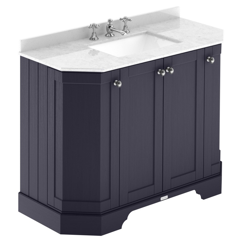 Old London 1000mm 4 Door Angled Unit & White Marble Top 3 Tap Holes - Twilight Blue Old London 1000mm 4 Door Angled Unit & White Marble Top 3 Tap Holes - Twilight Blue