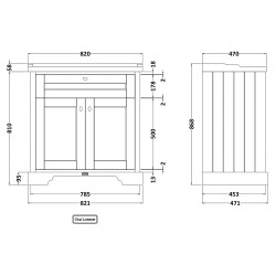 Old London 800mm 2 Door Vanity Unit and Basin with 1 Tap Hole - Timeless Sand - Technical Drawing
