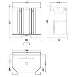 Old London 750mm 3 Door Angled Unit & Grey Marble Top 1 Tap Hole - Timeless Sand - Technical Drawing