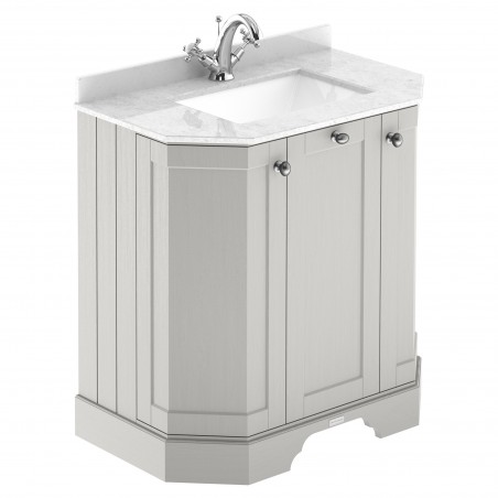 Old London 750mm 3 Door Angled Unit & White Marble Top 1 Tap Hole - Timeless Sand
