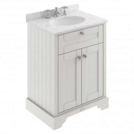 Old London 600mm 2 Door Vanity Unit with Grey Marble Top and Basin with 3 Tap Holes - Timeless Sand