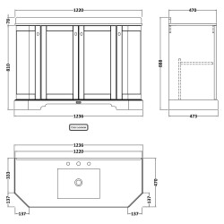 Old London 1200mm 4 Door Angled Unit & White Marble Top 3 Tap Holes - Timeless Sand - Technical Drawing