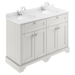 Old London 1200mm 4 Door Vanity Unit with White Marble Top and Double 1 Tap Hole Basins - Timeless Sand