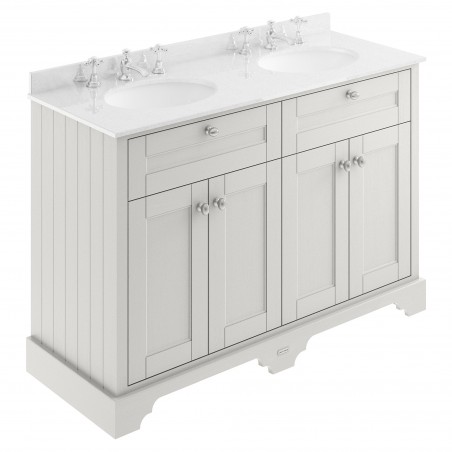 Old London 1200mm 4 Door Vanity Unit with White Marble Top and Double 3 Tap Hole Basins - Timeless Sand