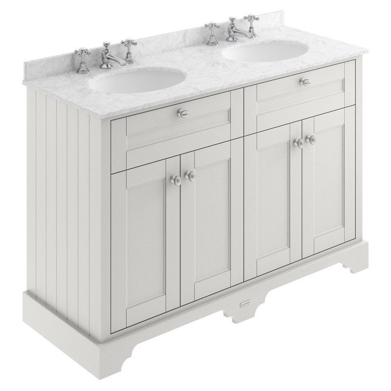 Old London 1200mm 4 Door Vanity Unit with Grey Marble Top and Double 3 Tap Hole Basins - Timeless Sand Old London 1200mm 4 Door Vanity Unit with Grey Marble Top and Double 3 Tap Hole Basins - Timeless Sand