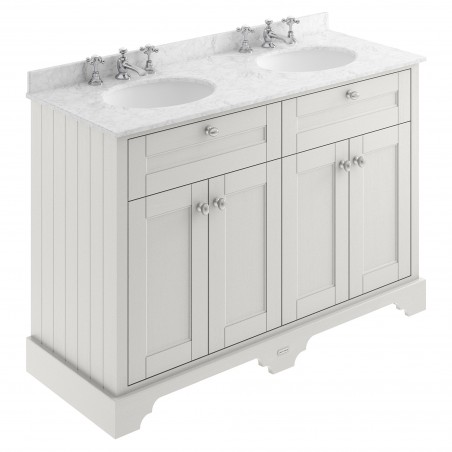 Old London 1200mm 4 Door Vanity Unit with Grey Marble Top and Double 3 Tap Hole Basins - Timeless Sand