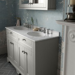 Old London 1200mm 4 Door Vanity Unit with Grey Marble Top and Double 3 Tap Hole Basins - Timeless Sand