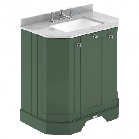 Old London 750mm 3 Door Angled Unit & Marble Top 3 Tap Holes - Hunter Green