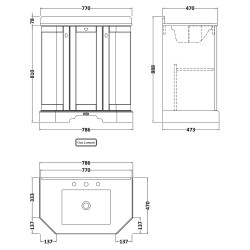 Old London 750mm 3 Door Angled Unit & Marble Top 3 Tap Holes - Hunter Green - Technical Drawing