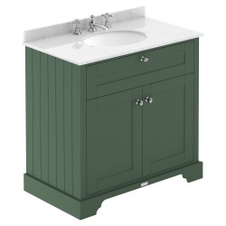 Old London 800mm Cabinet & White Marble Top - 3 Tap Holes - Hunter Green
