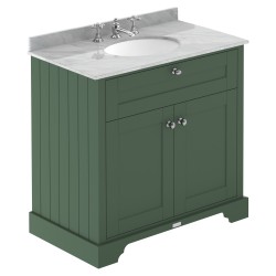 Old London 800mm Cabinet & Grey Marble Top - 3 Tap Holes - Hunter Green