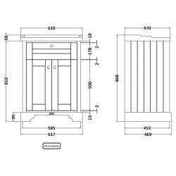 Old London 600mm Cabinet & Basin - 3 Tap Holes - Hunter Green - Technical Drawing