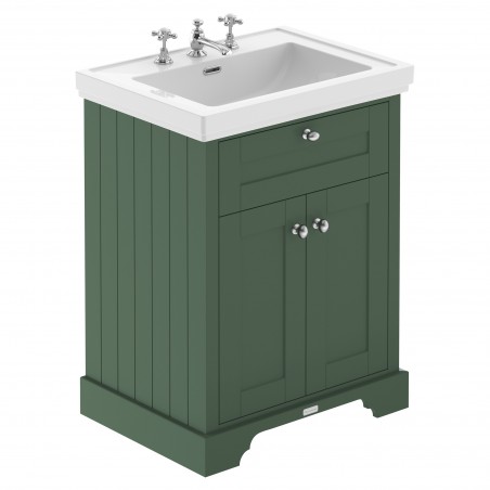 Old London 600mm Freestanding 2-Door Vanity Unit with 3-Tap Hole Fireclay Basin - Hunter Green