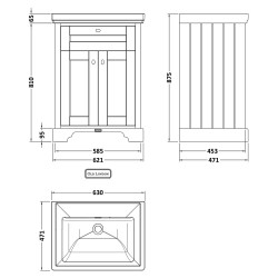 Old London 600mm Freestanding 2-Door Vanity Unit with 0-Tap Hole Fireclay Basin - Hunter Green - Technical Drawing