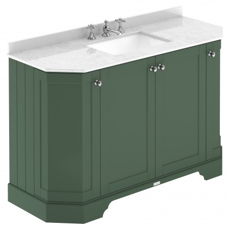 Old London 1200mm 4 Door Angled Unit & White Marble Top 3 Tap Holes - Hunter Green