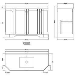 Old London 1200mm 4 Door Angled Unit & Grey Marble Top 1 Tap Hole - Hunter Green - Technical Drawing