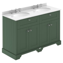 Old London 1200mm Cabinet & Double White Marble Top - 3 Tap Holes - Hunter Green