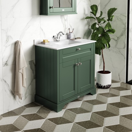 Old London 1000mm Freestanding Vanity Unit with 1TH White Marble Top Rectangular Basin - Hunter Green