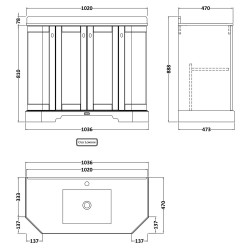 Old London 1000mm 4 Door Angled Unit & Grey Marble Top 1 Tap Hole - Hunter Green - Technical Drawing