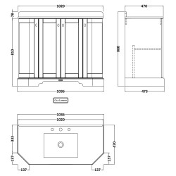 Old London 1000mm 4 Door Angled Unit & White Marble Top 3 Tap Holes - Hunter Green - Technical Drawing