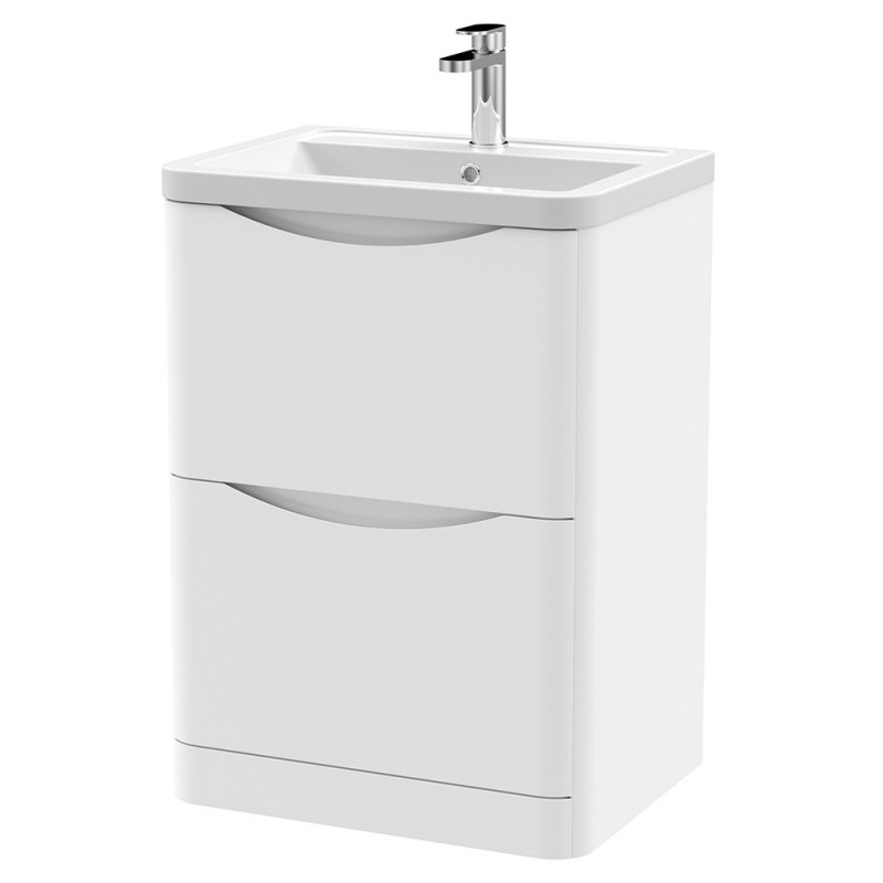 Lunar 600mm Freestanding 2 Drawer Vanity Unit with Ceramic Basin - Satin White Lunar 600mm Freestanding 2 Drawer Vanity Unit with Ceramic Basin - Satin White