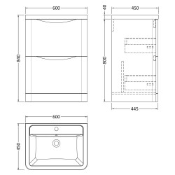 Lunar 600mm Freestanding 2 Drawer Vanity Unit with Ceramic Basin - Satin White - Technical Drawing