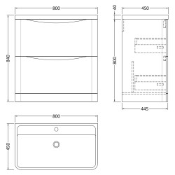 Lunar 800mm Freestanding 2 Drawer Vanity Unit with Polymarble Basin - Satin White - Technical Drawing