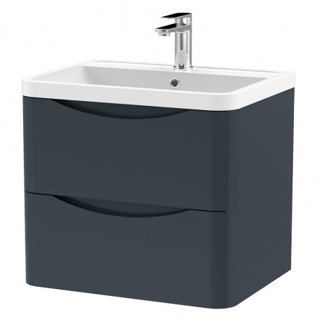 Lunar 600mm Wall Hung 2 Drawer Vanity Unit with Polymarble Basin - Soft Black