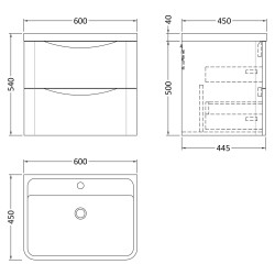 Lunar 600mm Wall Hung 2 Drawer Vanity Unit with Polymarble Basin - Soft Black - Technical Drawing